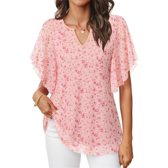 Women's Short Sleeve Tops Dressy Casual V Neck Double Layers Tunics Tops Pink - Picture 3 of 6